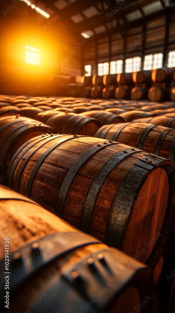 Rustic Wooden Barrels in Warm Sunset Glow Rustic Wooden Barrels in Warm Sunset Glow