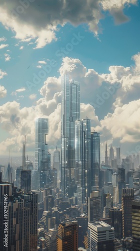 Futuristic cityscape with skyscrapers, 4K hyperrealistic photo