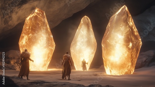 A group of people are walking through a cave with three large, glowing rocks in the background. Scene is mysterious and adventurous, as the group seems to be exploring a hidden or unknown place photo