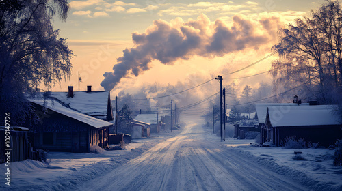 Fototapeta Naklejka Na Ścianę i Meble -  A small village street covered in ice with smoke rising from chimneys against the cold winter sky.