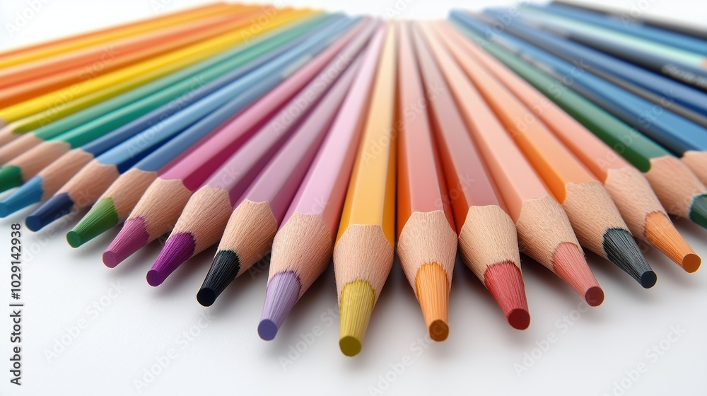 A row of pencils with different colors. The pencils are lined up in a row, with the first pencil being the lightest color and the last pencil being the darkest A row of pencils with different colors. The pencils are lined up in a row, with the first pencil being the lightest color and the last pencil being the darkest
