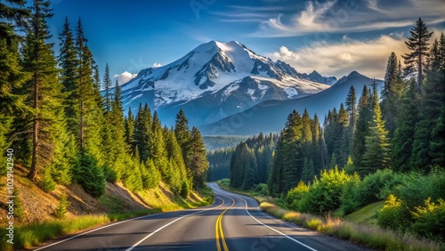 Scenic Morning Drive on Mount Baker Highway with Majestic Mountain Views and Clear Sky photo