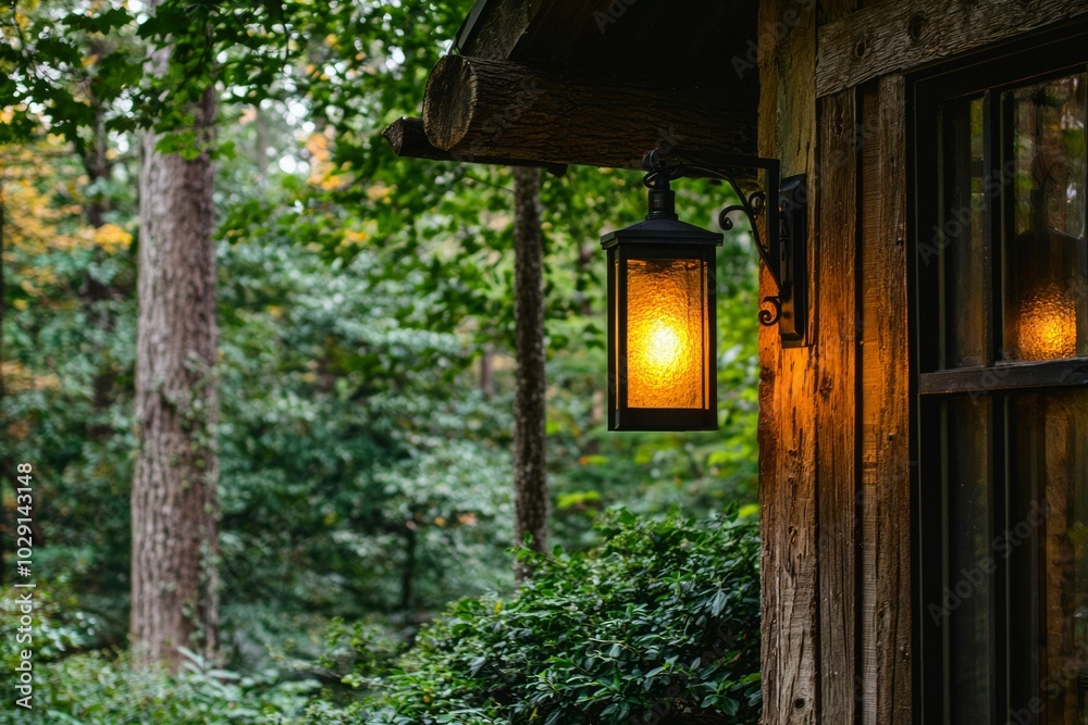 Illuminated Lantern on a Wooden Cabin Wall in a Forest Setting Illuminated Lantern on a Wooden Cabin Wall in a Forest Setting