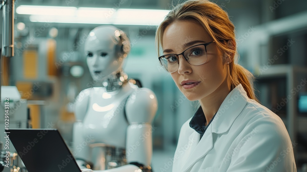 A scientist wearing glasses and a lab coat focuses on her work with a laptop, while a humanoid robot stands nearby, highlighting advancements in technology A scientist wearing glasses and a lab coat focuses on her work with a laptop, while a humanoid robot stands nearby, highlighting advancements in technology