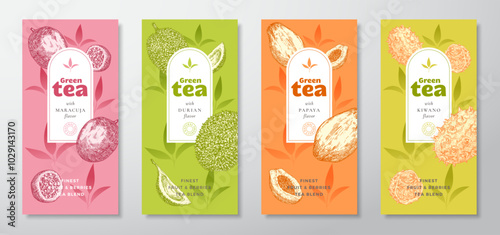 Tea Labels Vector Set. Fruit and Berries Tea Packaging Design Layouts Bundle. Modern Typography, Hand Drawn Tea Leaves, Strawberry, Blueberry and Raspberry Silhouettes Beverage Backgrounds Isolated