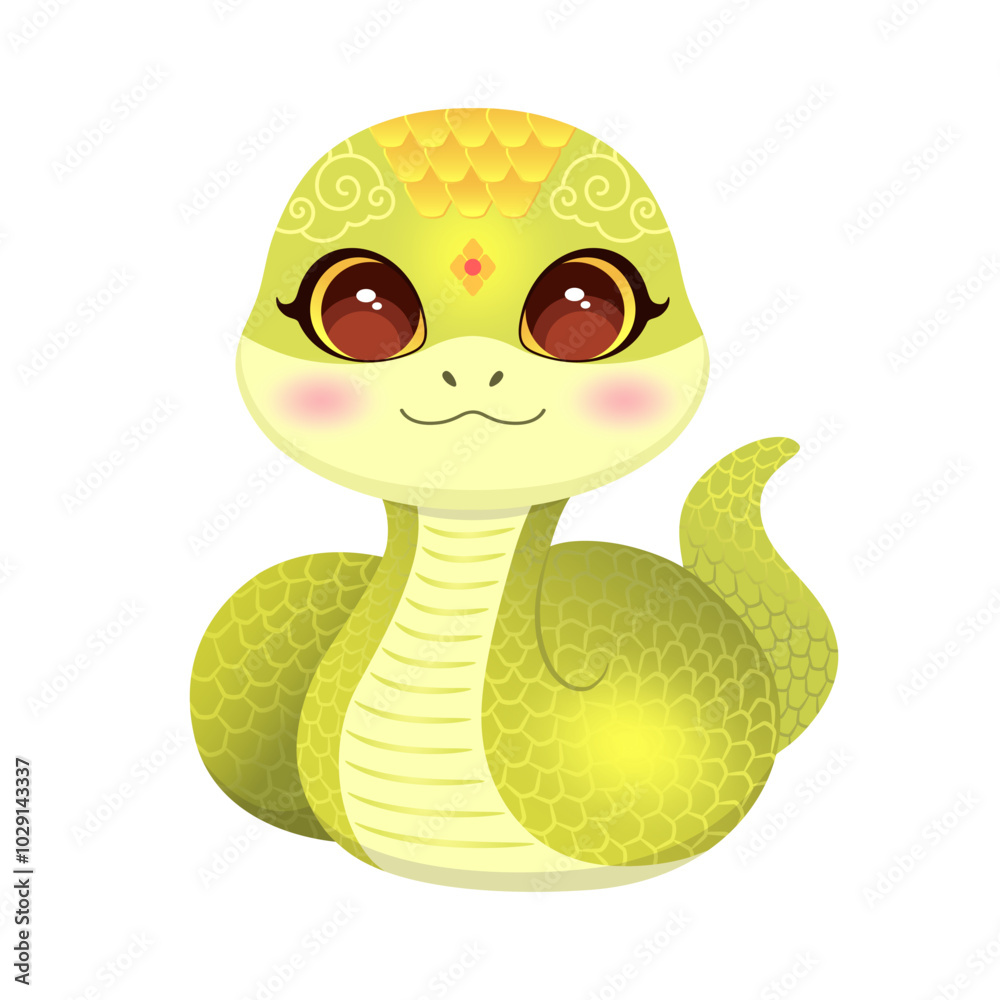 Fototapeta premium Cartoon snake cute character Chinese new year 2025 zodiac symbol. Cute green snake lunar new year oriental horoscope animal. Whimsical character isolated vector illustration Asian culture.