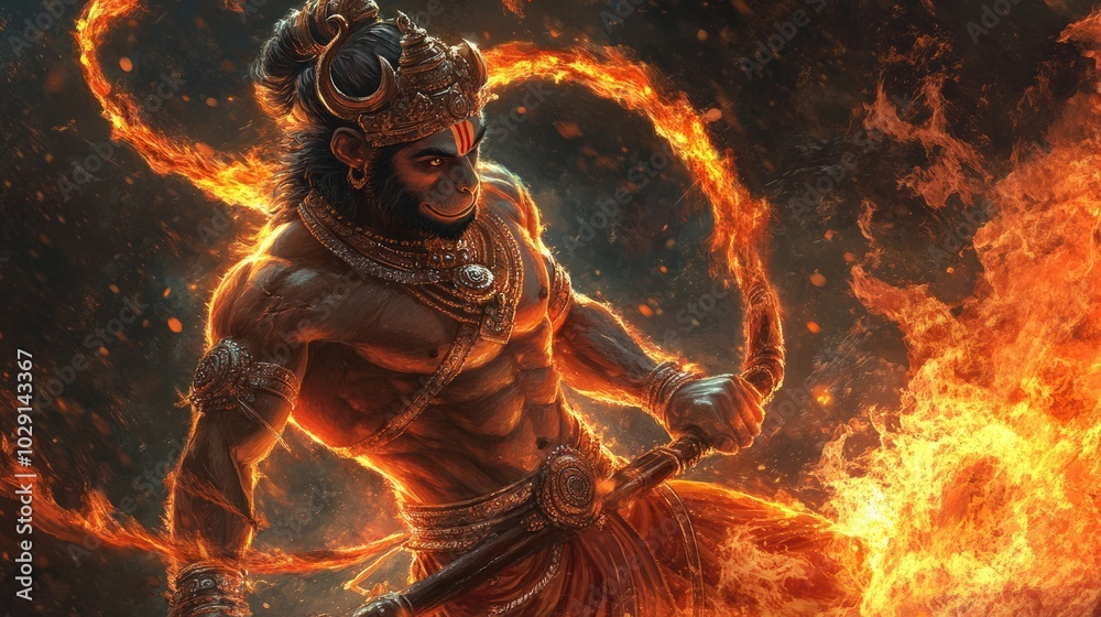 An artistic representation of Lord Hanuman in a warrior stance, holding his gada (mace), with a fiery aura surrounding him, highlighting his courage and might in the face of adversity An artistic representation of Lord Hanuman in a warrior stance, holding his gada (mace), with a fiery aura surrounding him, highlighting his courage and might in the face of adversity
