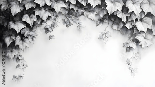 A Stunningly Detailed Graphite Drawing of Vines Hanging Down with Leaves, Showcasing Monochrome Chiaroscuro Techniques photo