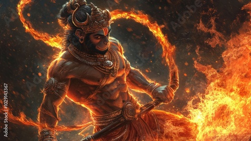 An artistic representation of Lord Hanuman in a warrior stance, holding his gada (mace), with a fiery aura surrounding him, highlighting his courage and might in the face of adversity