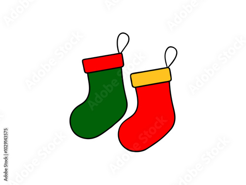 Christmas stockings hanging by the fireplace outline vector art illustration design on a white background