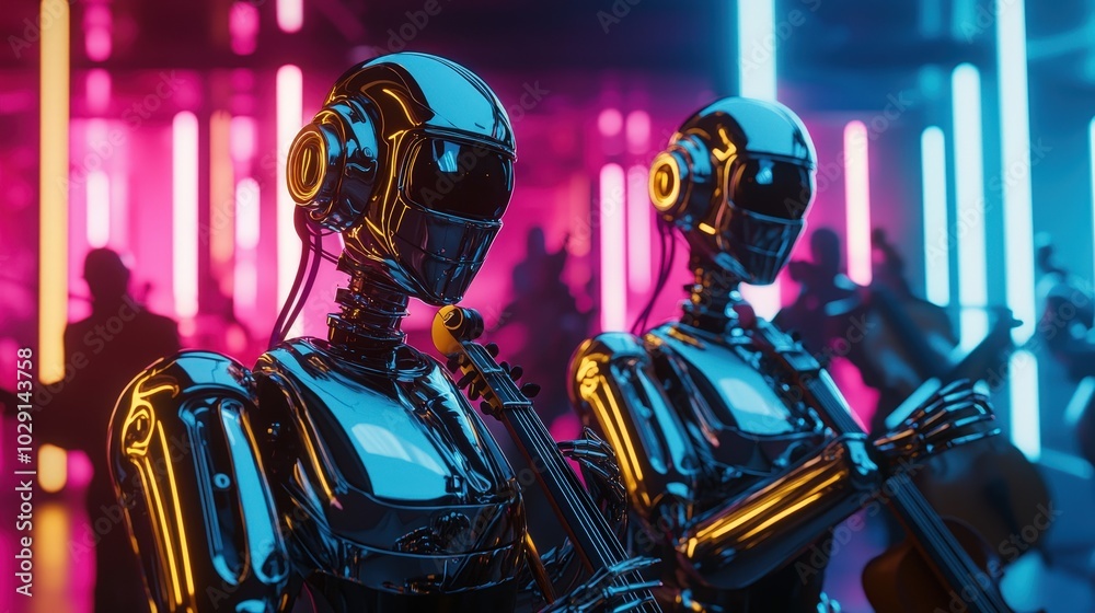 Two metallic humanoid robots skillfully play string instruments in a neon-lit concert hall, surrounded by colorful lights and an engaging audience enjoying the performance Two metallic humanoid robots skillfully play string instruments in a neon-lit concert hall, surrounded by colorful lights and an engaging audience enjoying the performance