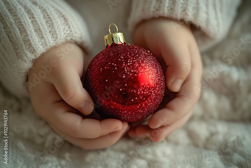 A child's hands gently hold a sparkling red Christmas ornament, evoking warmth and holiday spirit.