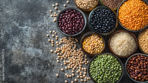 A variety of dried beans, lentils, and rice in bowls on a dark gray background.