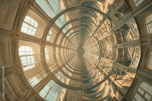 A Spiraling Hallway of Reflective Surfaces and Windows