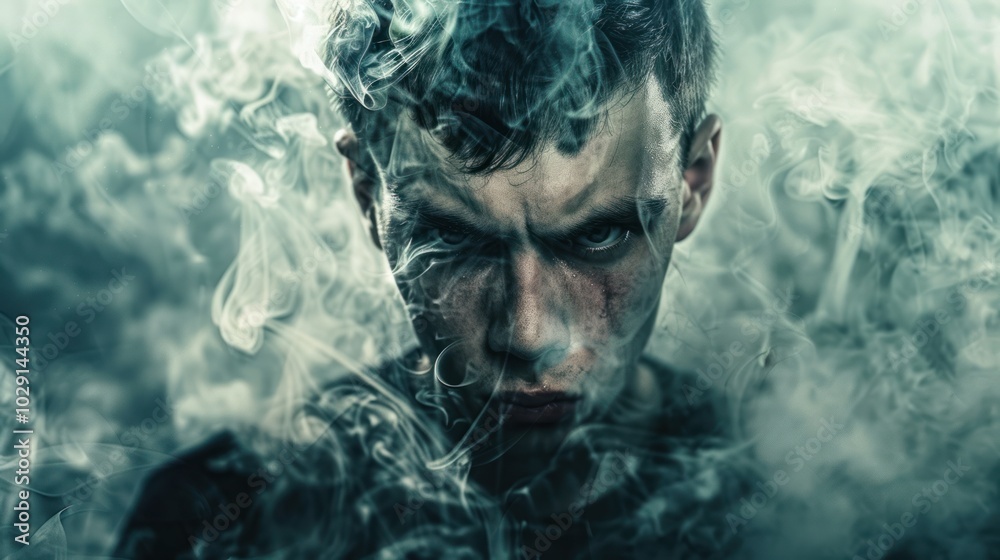 Close-up of a Man's Face Partially Obscured by Smoke Close-up of a Man's Face Partially Obscured by Smoke