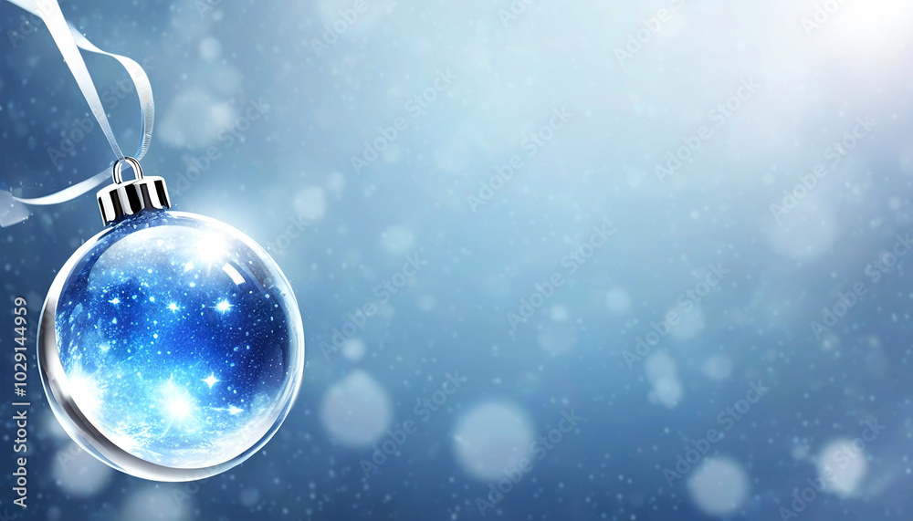 Hermoso adorno de Navidad sobre un fondo de luces bokeh. Esfera navideña de cristal azul sobre un fondo nevado.