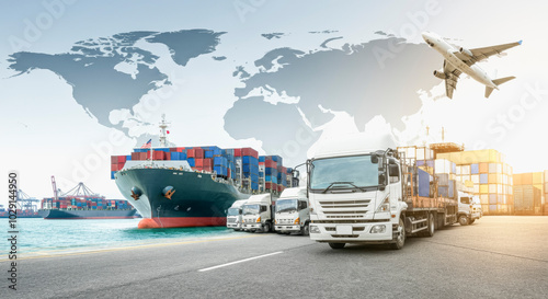 Global transportation and logistics network with cargo ship and airplane