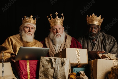 Three wise men with crowns sitting among gifts