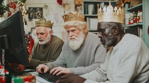 Three wise men using computers in a modern setting