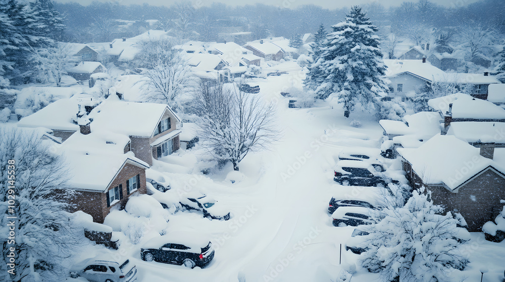 A suburban neighborhood completely buried in snow after a heavy storm with only the tops of cars and roofs peeking out from the snowdrifts. A suburban neighborhood completely buried in snow after a heavy storm with only the tops of cars and roofs peeking out from the snowdrifts.