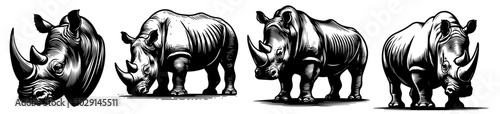 detailed rhinoceros illustrations in various poses, black vector