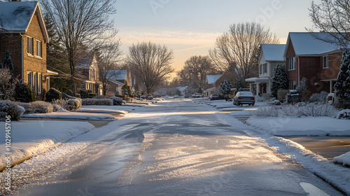 A suburban neighborhood street after freezing rain where everything is coated in a thin layer of ice.