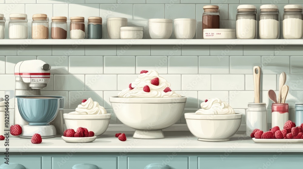 A modern kitchen scene showing the steps of ice cream production, with bowls of fresh cream, sugar, and flavors like chocolate and vanilla being mixed for freezing. A modern kitchen scene showing the steps of ice cream production, with bowls of fresh cream, sugar, and flavors like chocolate and vanilla being mixed for freezing.