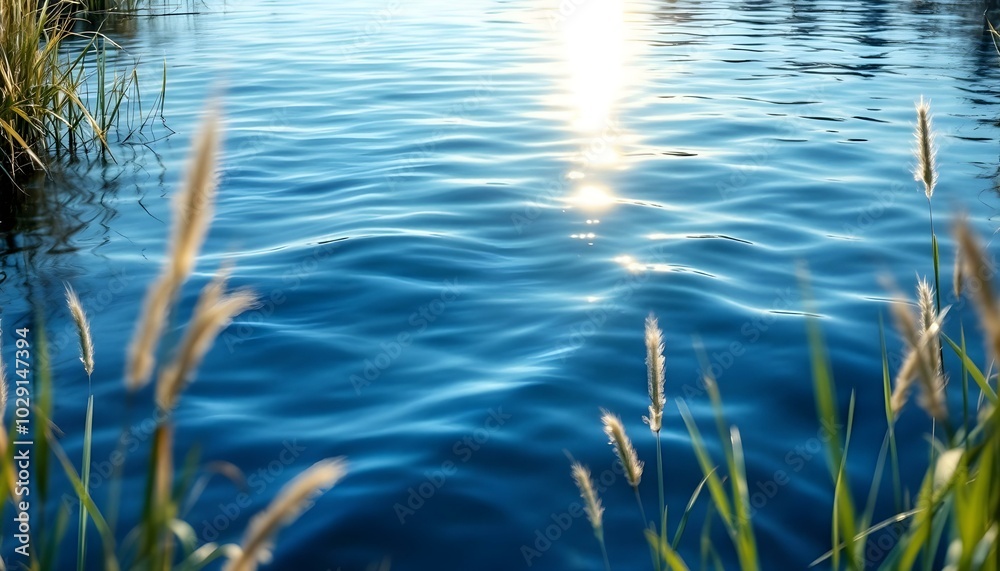 a serene blue water background with gentle ripples reflecting sunlight