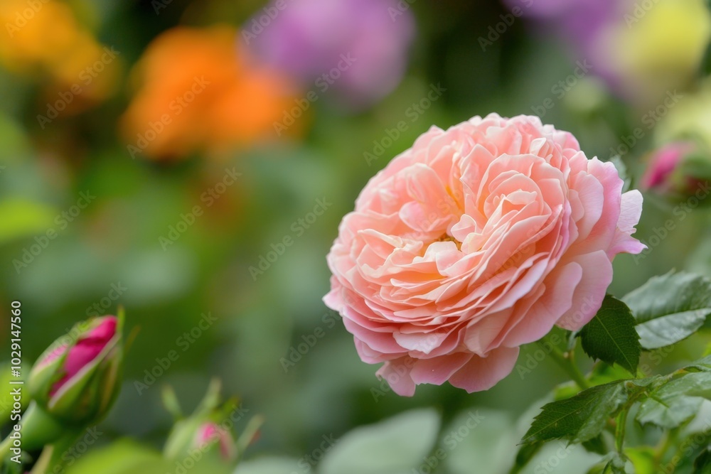 Delicate pink rose blooming in a vibrant garden filled with colorful flowers during spring Delicate pink rose blooming in a vibrant garden filled with colorful flowers during spring