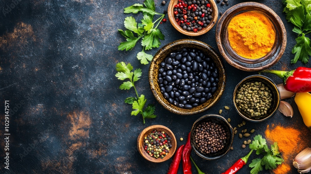 A variety of spices, herbs and beans in bowls on a rustic background. A variety of spices, herbs and beans in bowls on a rustic background.
