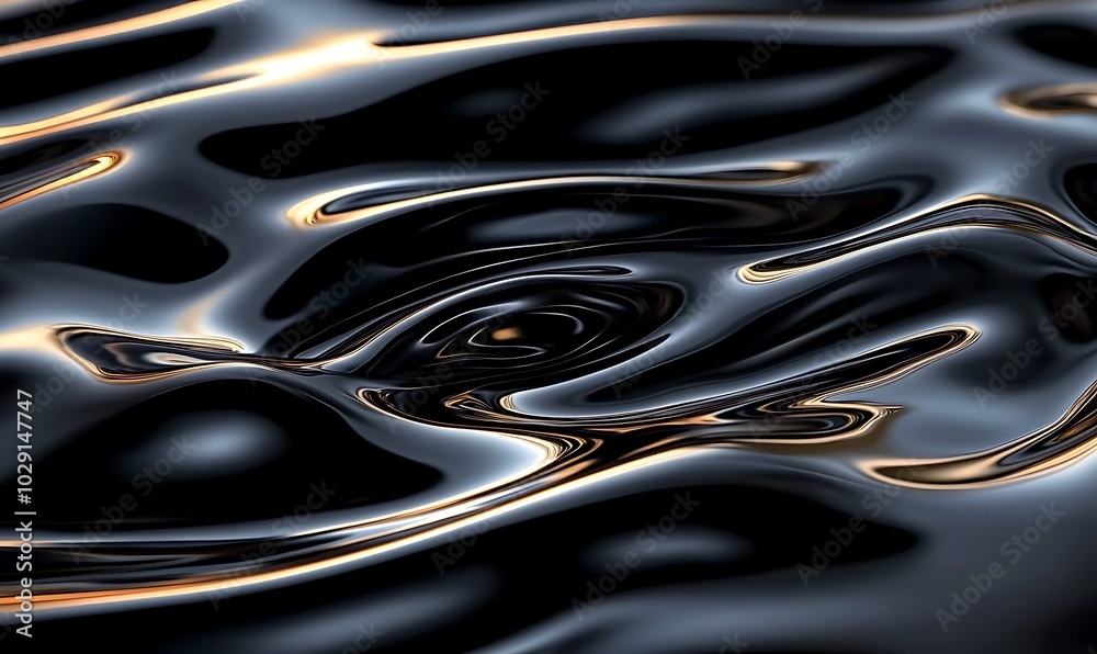 Abstract rendering of dark ferromagnetic fluid pulsating and moving, reflecting ripples, showcasing modern nanotechnology materials, Generative Ai
