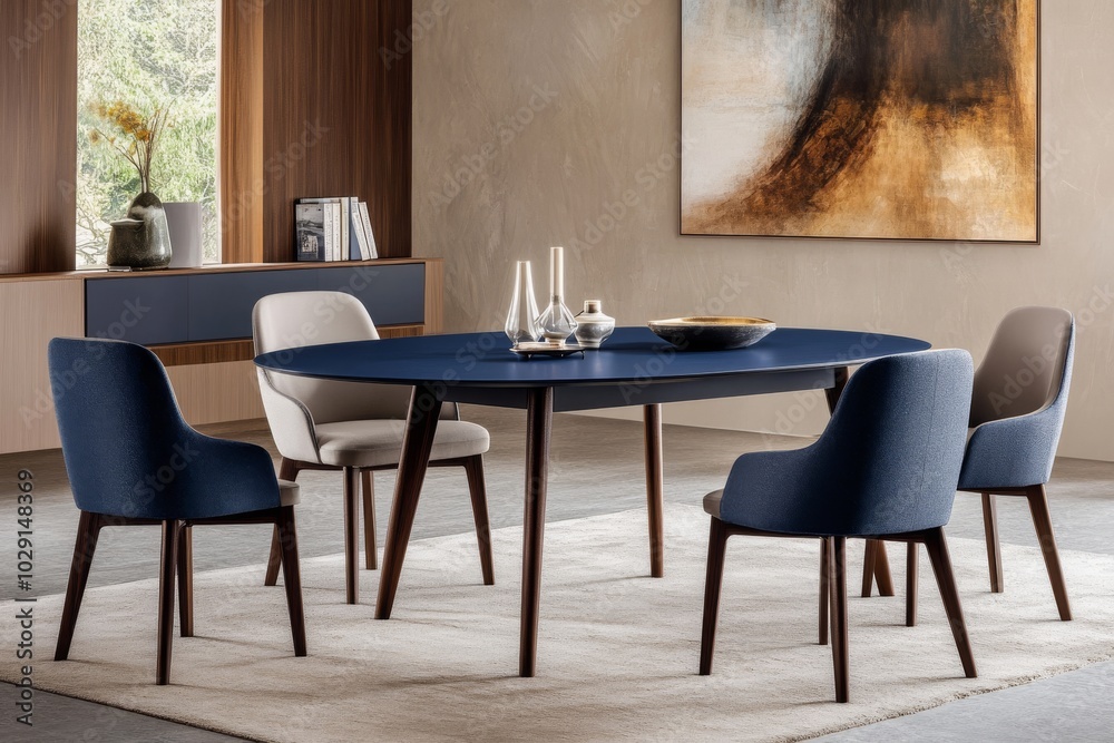 A blue dining table with round legs and an oval shape is set against the wall of a modern living room. A blue dining table with round legs and an oval shape is set against the wall of a modern living room.