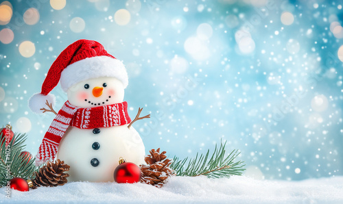 Cute snowman on Christmas decorations, balls and xmas tree on blue light background, generated ai