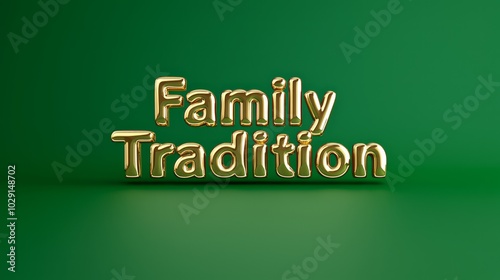 Opulent Christmas 3D Render: "Family Tradition" Typography in Gold and Green on Gradient Background