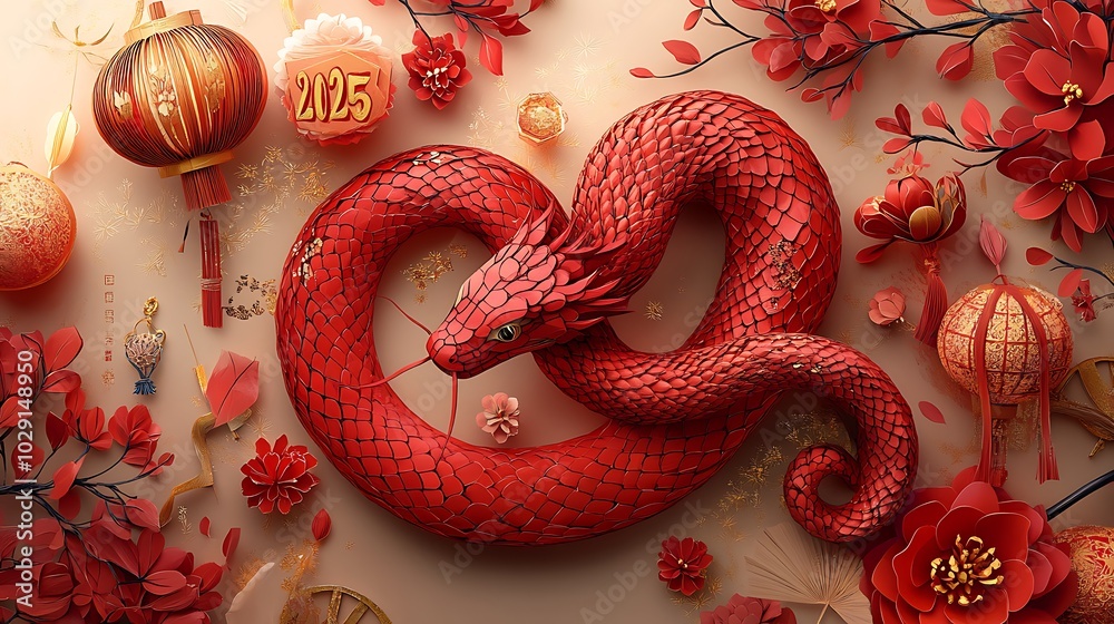 A bold red paper-cut snake intertwined with A bold red paper-cut snake intertwined with