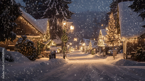 Fototapeta Naklejka Na Ścianę i Meble -  Snow gently falling over a small village with Christmas decorations illuminating the streets.