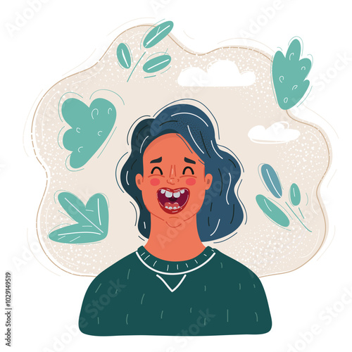 Cartoon vector illustration of Woman laughing with eyes closed. Female portrait