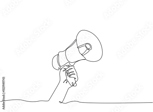 Hand with megaphone line drawing continuous line art vector illustration