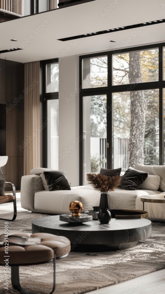 Fototapeta premium Elegant living room with modern furniture and decor, 4K hyperrealistic photo
