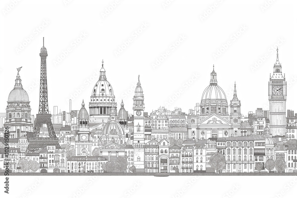 Minimalist black and white line drawing of a city skyline, showcasing iconic buildings and structures in a clean, artistic style for a modern backdrop. Minimalist black and white line drawing of a city skyline, showcasing iconic buildings and structures in a clean, artistic style for a modern backdrop.