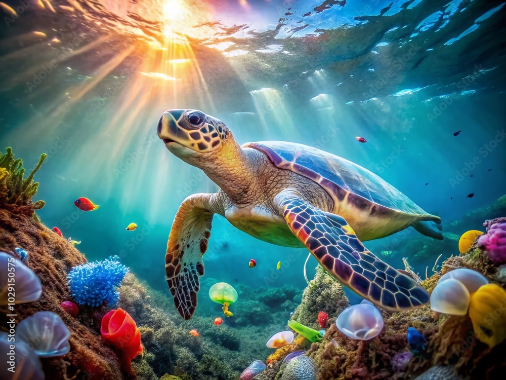 Fototapeta premium Sea Turtle Swimming Through Plastic Pollution - Environmental Awareness Image