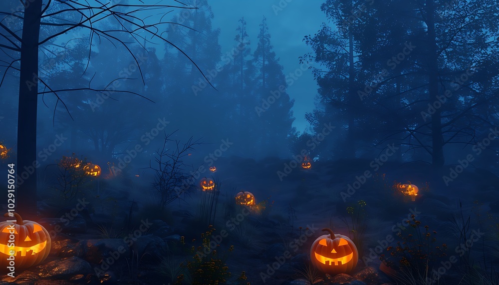 Foggy dark forest night, glowing pumpkins on ground, Halloween photorealistic backdrop. Foggy dark forest night, glowing pumpkins on ground, Halloween photorealistic backdrop.