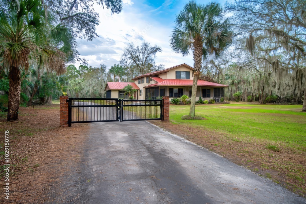 A black aluminum double-swing gate with an attached dog gate, located in front of the house on a very nice driveway that leads to a beautiful home. A black aluminum double-swing gate with an attached dog gate, located in front of the house on a very nice driveway that leads to a beautiful home.