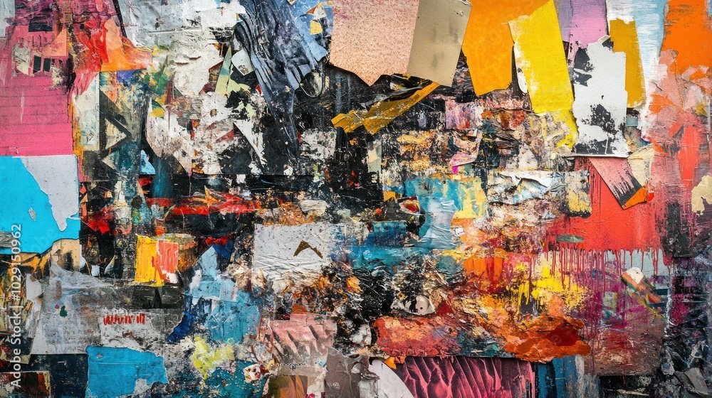 A close-up of a wall covered in torn, colorful, and weathered posters. A close-up of a wall covered in torn, colorful, and weathered posters.