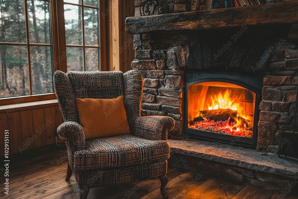 Cozy Armchair by a Warm Fireplace in a Rustic Cabin Cozy Armchair by a Warm Fireplace in a Rustic Cabin