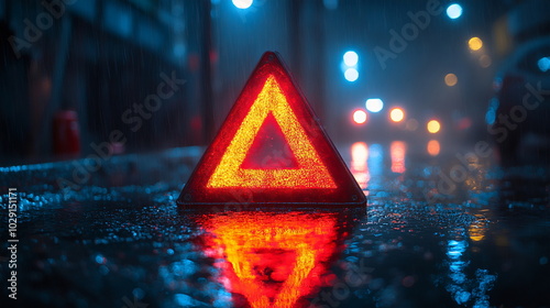 Illuminated Reflections with an Emergency Triangle in Rainy Night Road