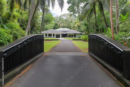 A black aluminum guardrail fence with an arched gate at the entrance to a home.