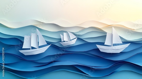 Layered paper cut origami boats floating on stylized waves for a nauticalthemed decoration, paper cut boats, origami ocean design photo