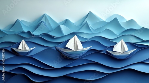 Layered paper cut origami boats floating on stylized waves for a nauticalthemed decoration, paper cut boats, origami ocean design photo