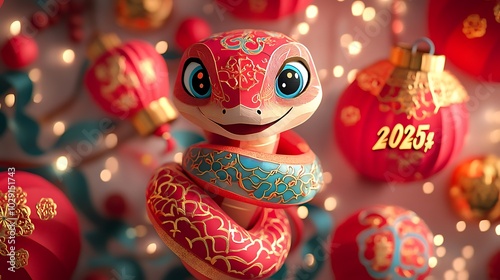 A cute paper-cut snake mascot wrapping around "2025," integrated with paper-cut elements of lantern riddles and lucky charms, delicate cut-out patterns in bright red and gold,